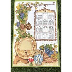 Vintage 1998 Grape Vine Wine Barrel Linen Wall Calendar Cloth Tea towel Y2K